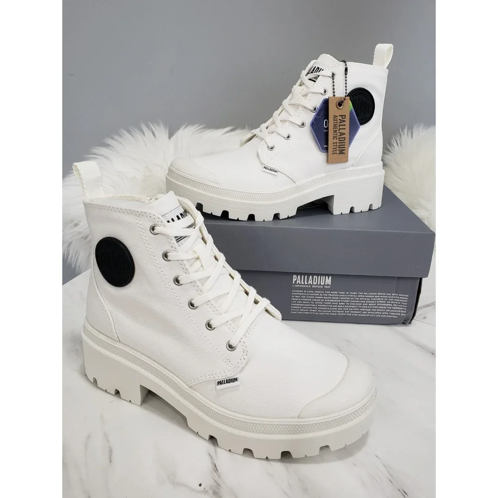 NEW 7.5 PALLADIUM  Pallabase Twill Star White‎ Platform Side-Zip Boots Sneakers